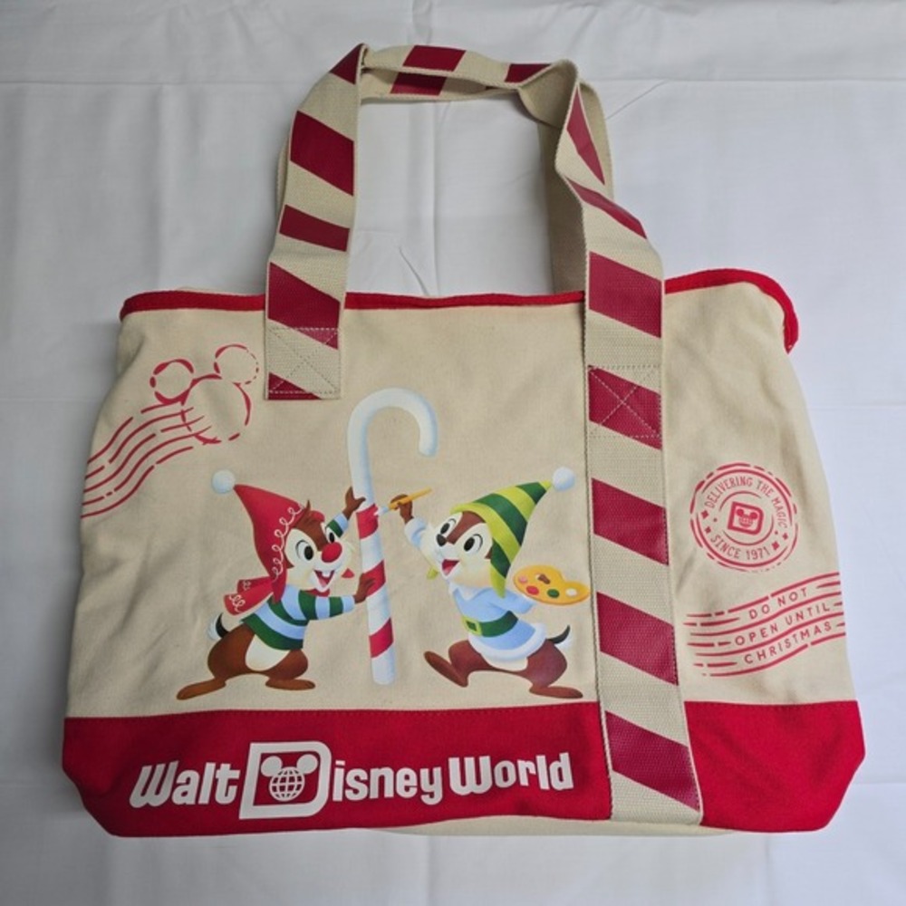 Disney Chip n Dale Christmas Tote Bag Large Cream‎ Red Holiday Canvas Zipper